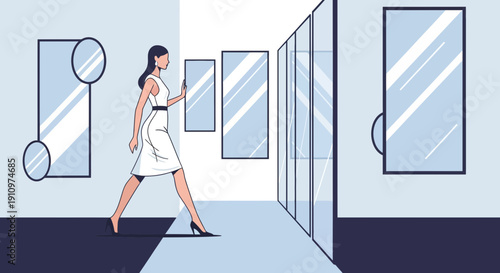 Elegant Woman Strolling Through a Modern Gallery with Mirrored Reflections and Clean Lines