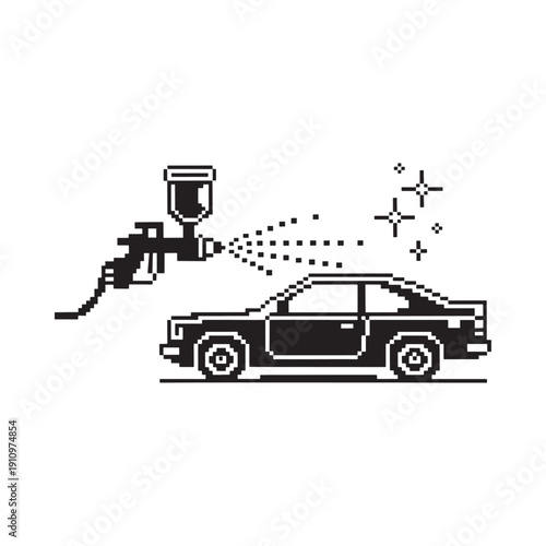 Pixel art illustration of a car being spray painted with a paint gun