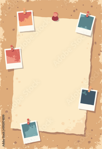 Slide background Corkboard texture Natural brown cork pattern Polaroid frames empty pinned corners School concept