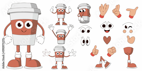 Cartoon coffee cups with faces and hands in various poses