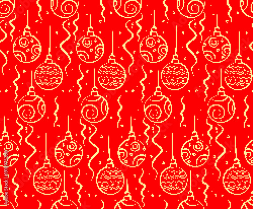 Pixel seamless background with Christmas decorations.
