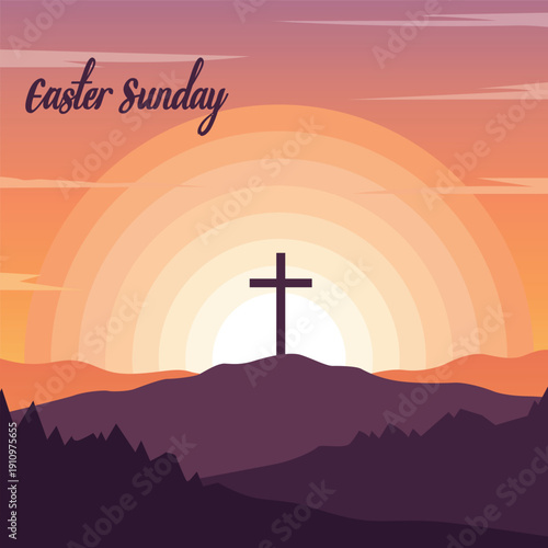 Christian Easter Sunday Cross Silhouette Against Sunrise Landscape Background
