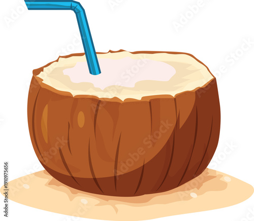 Tropical Coconut Drink with Blue Straw on Sand – Summer Beach Vacation Concept