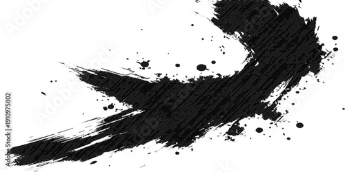 A dark grunge vector design featuring a black ink splat with artistic paint splashes, liquid drips, and spray splatter textures forming a dirty stain element on a white background