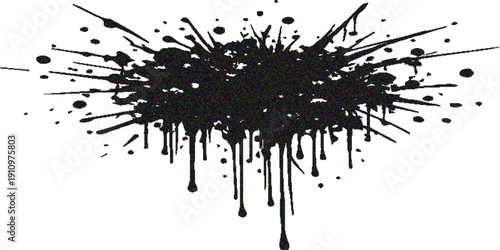 A grunge black ink splat background with artistic liquid drips and a silhouette tree element creates a dirty paint splatter texture on this vector illustration design