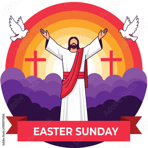 Easter Sunday Jesus Christ Resurrection Vector Illustration With Doves And Crosses