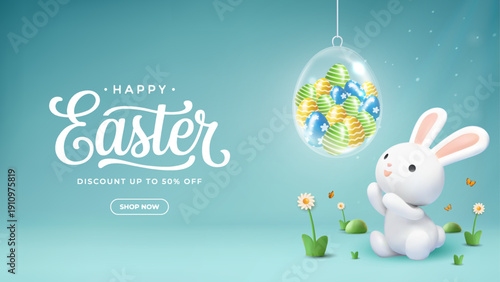 Happy Easter Sale Banner Cute 3D Rabbit and Eggs Promotion