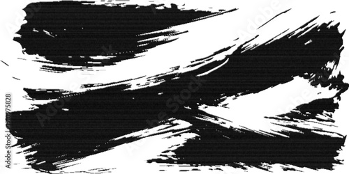 Abstract black and white grunge background featuring an artistic set of ink splatters and rough paint brush stroke elements within a dirty vector border frame design