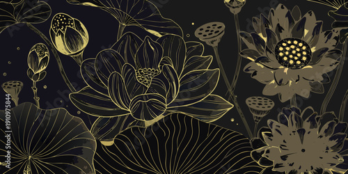 Elegant golden lotus flowers and leaves on a dark background