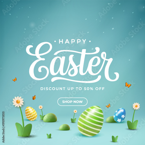 Happy Easter Sale Discount Banner with 3D Eggs and Spring Flowers