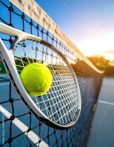 Tennis ball held by racket against net on a blue court under a sunny sky