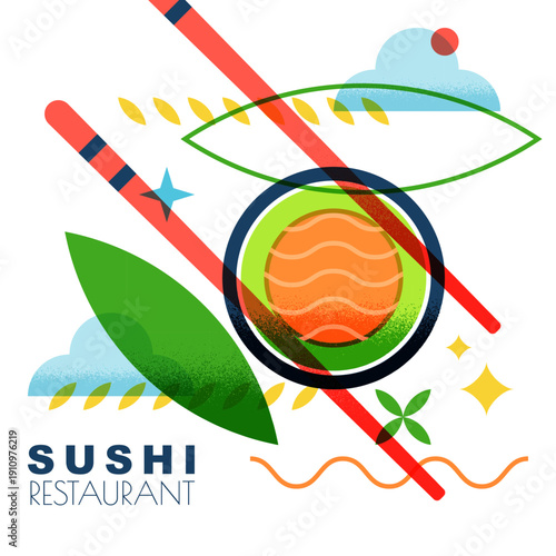 Vector abstract geometric illustration with roll, rice, bamboo leaf and chopsticks. Design for Japanese restaurant menu