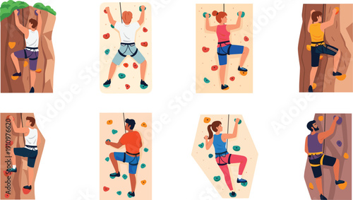 Diverse vector set of male and female climbers on rock walls and indoor bouldering for adventure branding