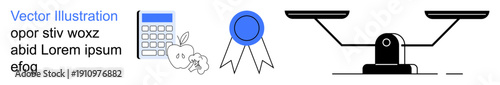 Education, health awareness, achievement, balance, justice, decision-making concepts. Visual includes a calculator, apple award ribbon and balance scale. Education and health awareness concept