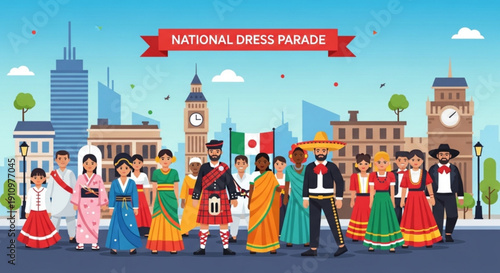 Diverse group in traditional national dresses parade cityscape background
