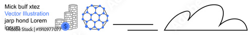 Cloud computing, data storage, financial technology, online networks, information security, digital innovation. Stacked coins, hexagonal network and cloud outline. Cloud computing and data storage