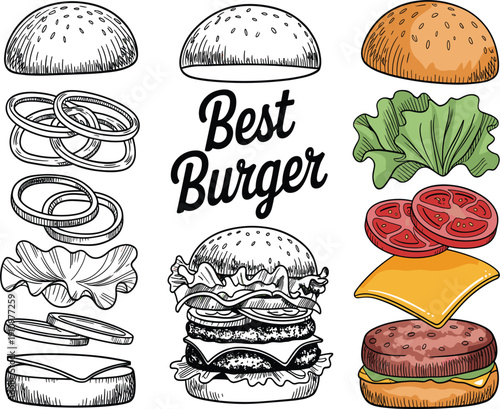 Best burger construction kit with flying ingredients, hand drawn vector beef cheeseburger layers for restaurant menu design