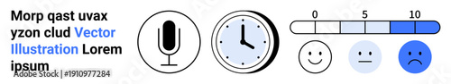 Communication, time tracking, feedback evaluation, productivity, digital interaction, user experience. Microphone, clock rating scale with emotions. Communication and time tracking conceptual design