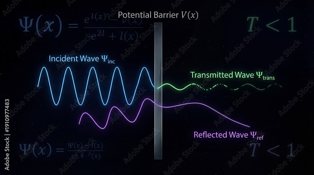 Obraz premium Quantum wave functions navigating a potential energy barrier, beautifully illustrating reflection, transmission, and subtle tunneling phenomena