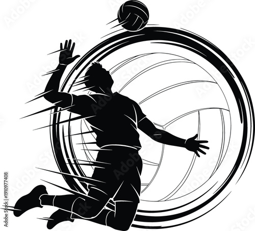 Dynamic black and white vector silhouette of male volleyball player spiking ball for competitive sports club branding