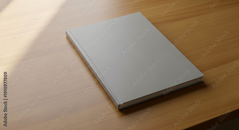 Fototapeta premium Minimalist blank notebook mockup on a wooden desk. Realistic 3D render with soft natural lighting and top view for stationery branding, journal design, and creative office workspace.
