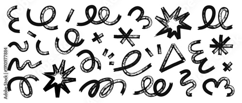 Black hand drawn marker shapes set. Bold abstract doodles, thick brush strokes, swirls and geometric elements created in expressive marker style for posters, banners and graphic compositions.