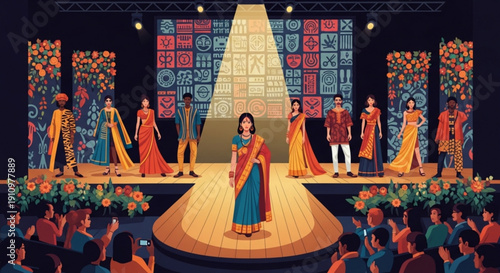 Woman in blue and orange sari standing on stage with models and audience at fashion show event