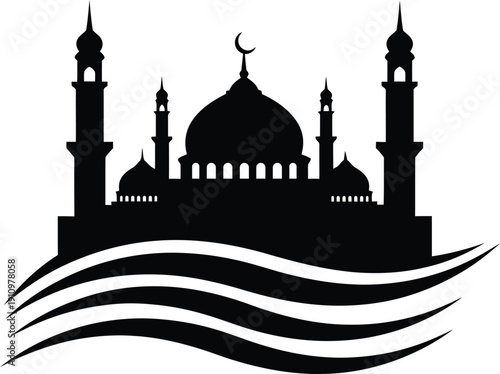 Islamic mosque silhouette with minarets and crescent moon