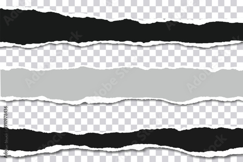 Black and gray torn paper edges vector with ripped layers and realistic shadow reveal effect