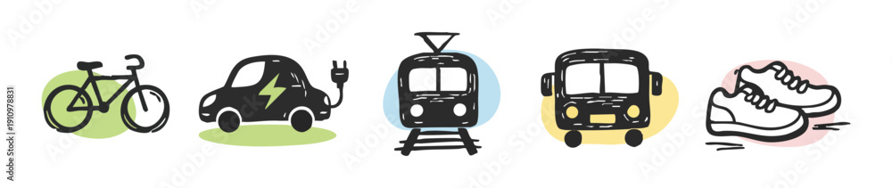 Fototapeta premium Hand-drawn doodle icons for sustainable transport: bike, electric car, train, bus, and walking shoes for eco-friendly mobility and green travel.
