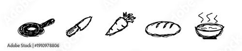 Set of hand-drawn kitchen doodles including a frying pan, chef knife, carrot, bread, and bowl of hot soup. Minimalist black ink sketch icons.