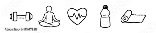 Hand-drawn doodle icons representing fitness, yoga, health, and wellness concepts, including a dumbbell, heart, and water bottle.