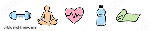 Set of colorful hand-drawn icons for fitness, wellness, and healthy lifestyle including yoga, dumbbell, heart, water bottle, and mat.