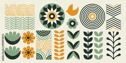 Abstract botanical illustration featuring various geometric floral and leaf shapes