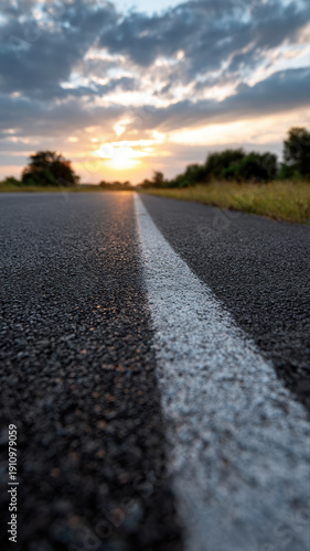 Wallpaper Mural Low angle view of empty asphalt road stretching towards beautiful sunset horizon with dramatic clouds evoking sense of freedom and endless journey on highway Torontodigital.ca