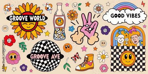 Colorful retro style sticker collection with groovy designs and positive messages