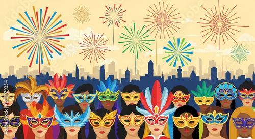 People wearing colorful masks celebrate with fireworks in city