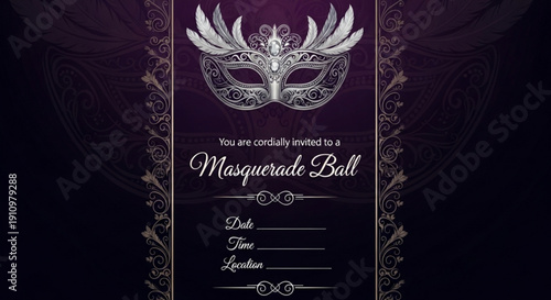 Elegant masquerade ball invitation card with silver mask on purple background