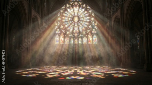 Sunlight streams through a large, ornate stained glass rose window, casting colorful patterns onto the floor in a dimly lit cathedral interior.