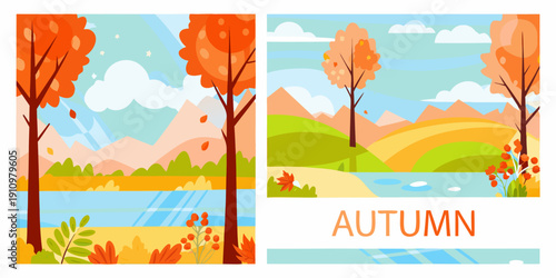 Autumn landscapes with trees mountains and a river in a flat illustration style