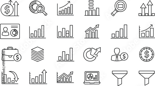 Financial Data Analysis Line Icon Set Featuring Business Growth Charts Market Research Statistics Information Graphics Profit Success Revenue Strategy Marketing Symbols