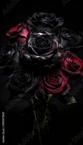 A bouquet of black and dark red roses arranged against a dark background, creating a dramatic and elegant contrast.