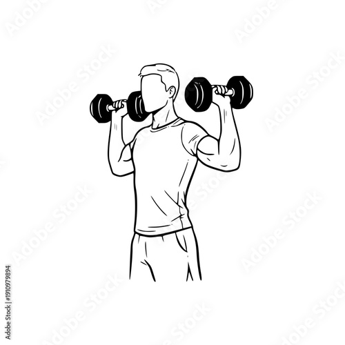 Male Bodybuilder Shoulder Press Sketch: Dumbbell Strength Training Illustration