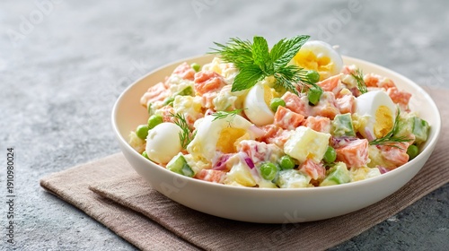 Wallpaper Mural Olivier salad styled for catering menu mockup, neutral background, clean professional composition Torontodigital.ca