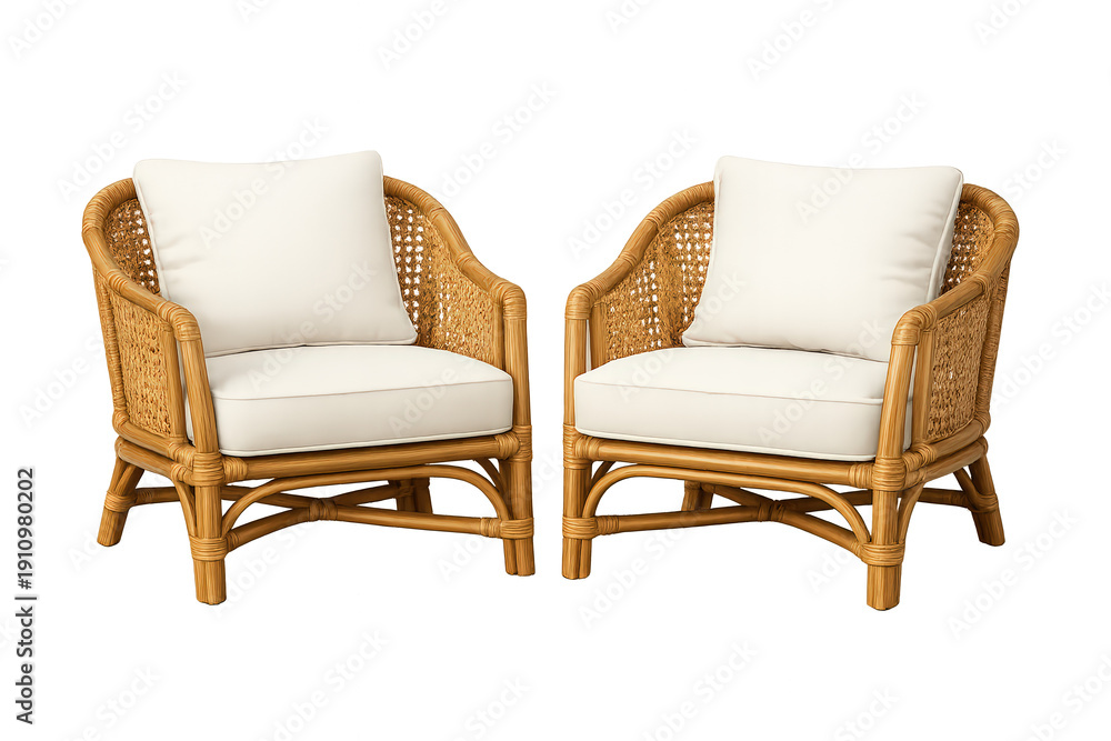 Fototapeta premium Rattan armchairs with white cushions, coastal style furniture creating a cozy home interior design atmosphere