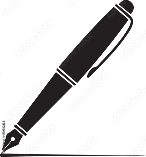 A black fountain pen poised to write on a clean surface, viewed from an angle.