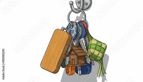 Assorted travel accessories hanging from a keychain.