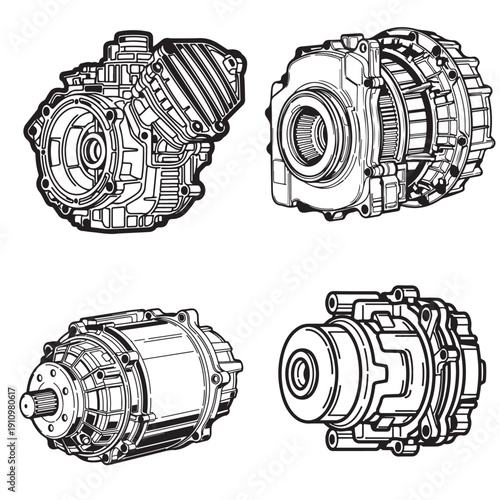 Electric Motor Starter and Alternator Generator Line Art Illustrations