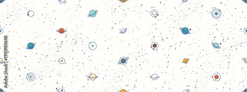 Space seamless pattern with planets, moons and stars. Abstract galaxy background, celestial pattern with cute planets with orbits and satellites in dark night sky, vector illustration