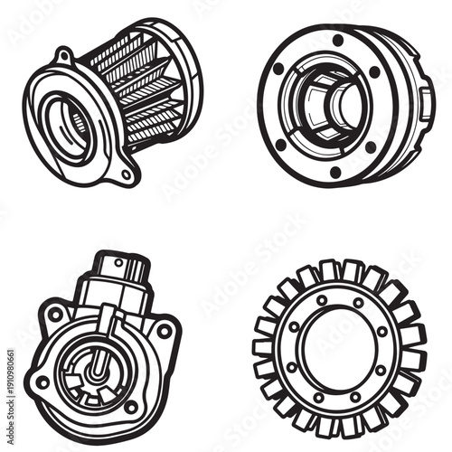 Air Filter Housing and Industrial Coupling Mechanical Parts Line Art